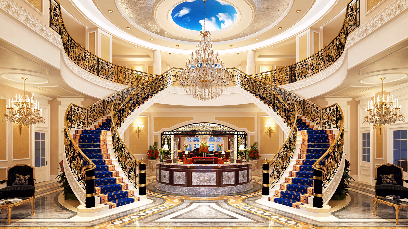 Ornate grand lobby with a double curved staircase, central reception desk, chandeliers, and marble floors.