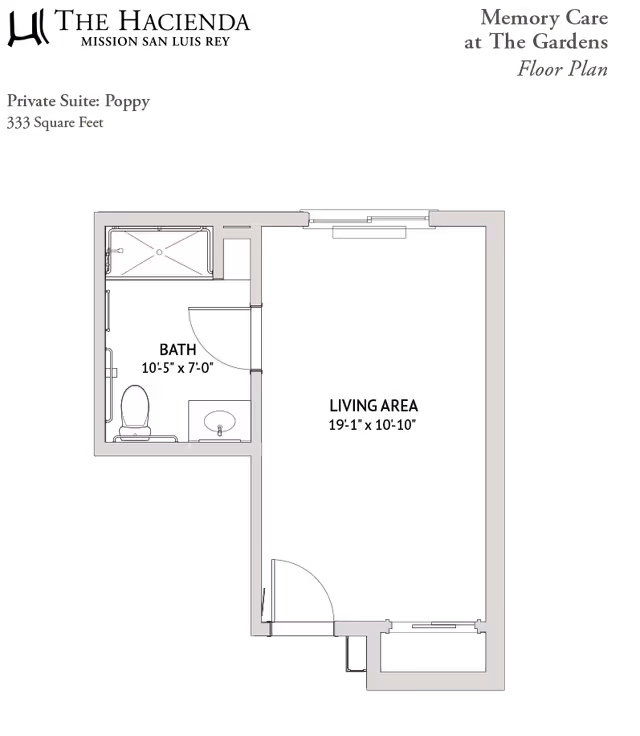 Floor plan of a private suite named Poppy at The Hacienda Mission San Luis Rey, showing a living area measuring 19 feet 1 inch by 10 feet 10 inches, and a bathroom area measuring 10 feet 5 inches by 7 feet. The layout includes a shower, toilet, and sink in the bathroom, and an entrance door to the living area.