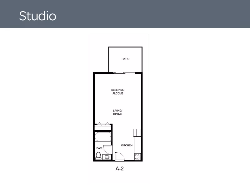 Floor plan of a studio apartment labeled A-2 showing a patio, sleeping alcove, living/dining area, kitchen, and bathroom.