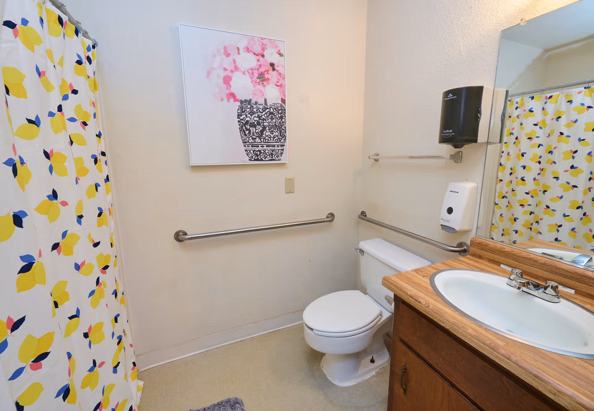 Bathroom with a white toilet, wooden vanity with a sink, a large mirror, and a shower with a colorful yellow, blue, and pink patterned curtain. There are metal grab bars on the walls and a floral artwork hanging above the toilet.