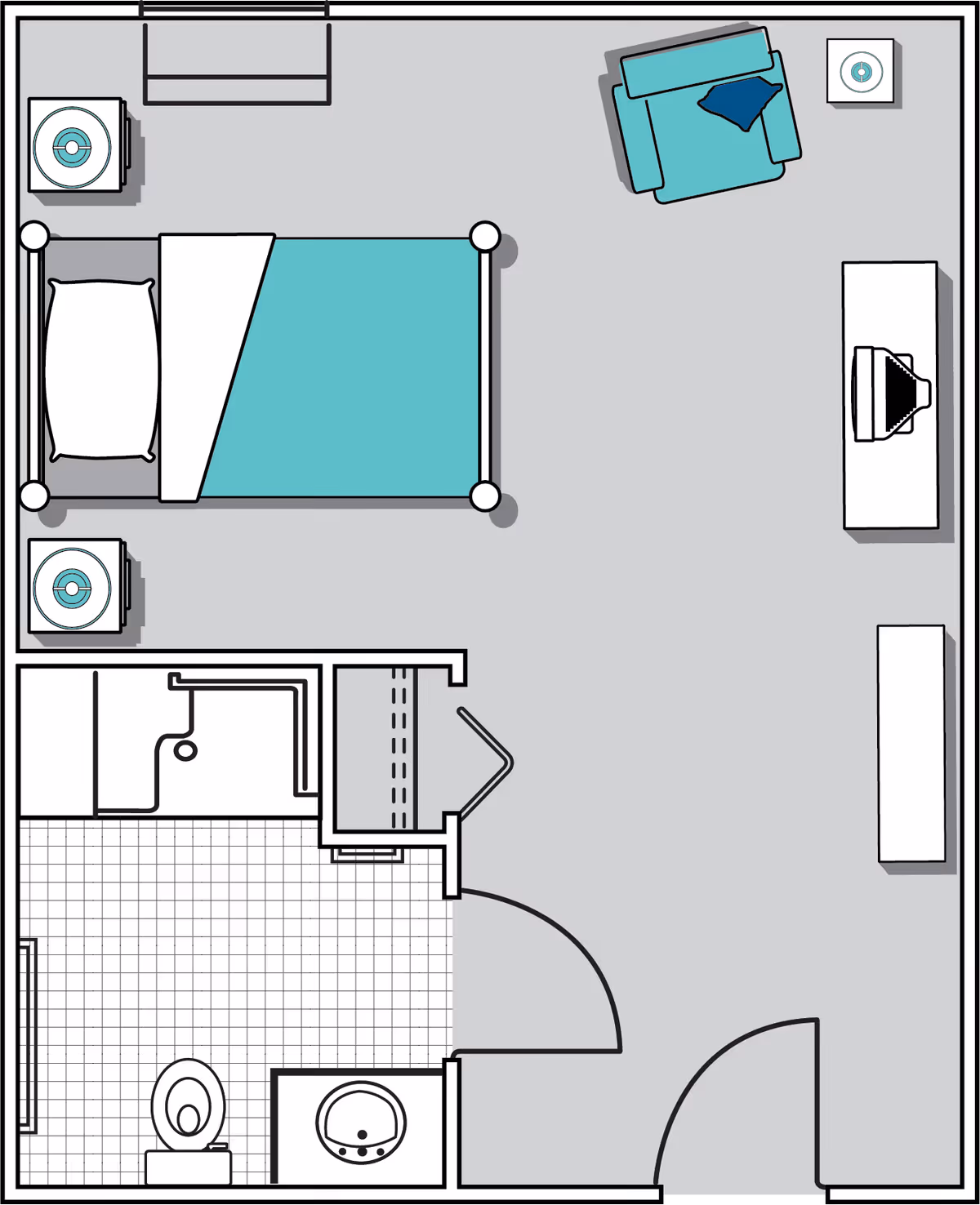 Floor plan of a small living space featuring a bedroom area with a bed, two nightstands, an armchair with a side table, a TV on a stand, and a bathroom with a toilet, sink, and shower.