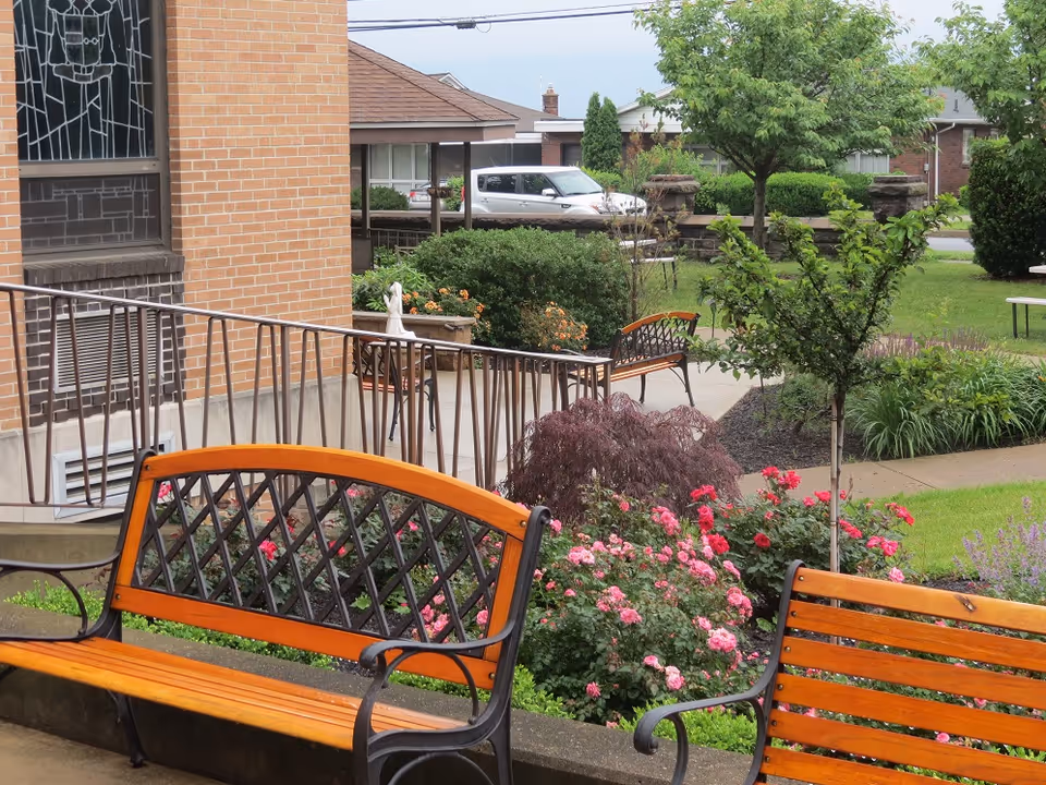 Outdoor garden area with wooden benches, flowering bushes including pink roses, small trees, and a brick building with a window and metal railing. A sidewalk and parked cars are visible in the background.