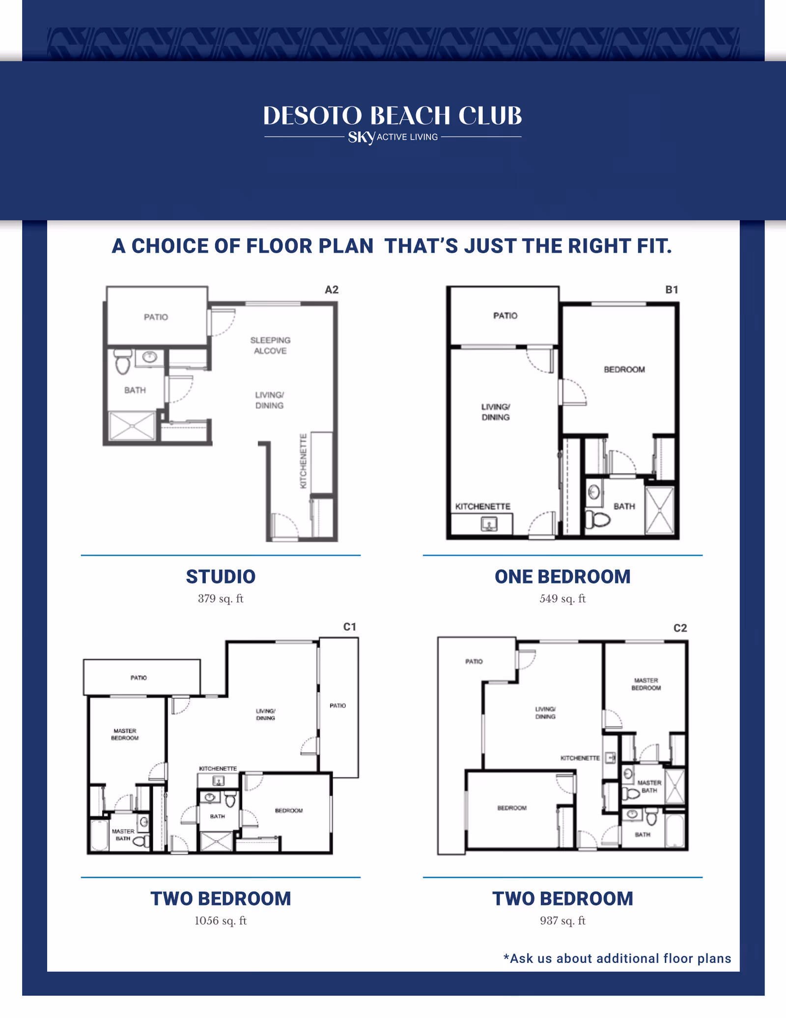 Floor plans for Desoto Beach Club - Sky Active Living showing four apartment layouts: Studio (379 sq. ft) with sleeping alcove, living/dining, kitchenette, bath, and patio; One Bedroom (549 sq. ft) with bedroom, living/dining, kitchenette, bath, and patio; Two Bedroom (1056 sq. ft) with master bedroom, master bath, second bedroom, bath, kitchenette, living/dining, and two patios; Two Bedroom (937 sq. ft) with master bedroom, master bath, second bedroom, bath, kitchenette, living/dining, and patio.