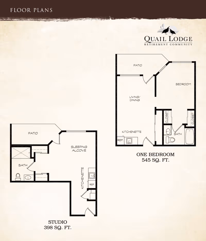 Two floor plans for Quail Lodge Retirement Community showing a studio (398 sq. ft.) and a one-bedroom (545 sq. ft.) layout with kitchenette, patio and bathroom.