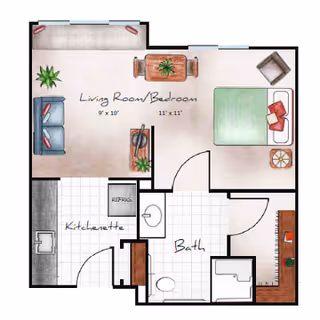 Floor plan of a small apartment unit at Orchard Pointe at Terrazza showing a combined living room and bedroom area, a kitchenette, and a bathroom. The living room/bedroom area includes a sofa, a bed, a dining table with chairs, and plants. The kitchenette has a sink and refrigerator. The bathroom includes a toilet, sink, and shower.