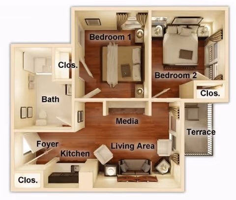 3D floor plan of a senior living apartment showing two bedrooms, a bathroom, kitchen, living area, media space, foyer, closets, and a terrace.