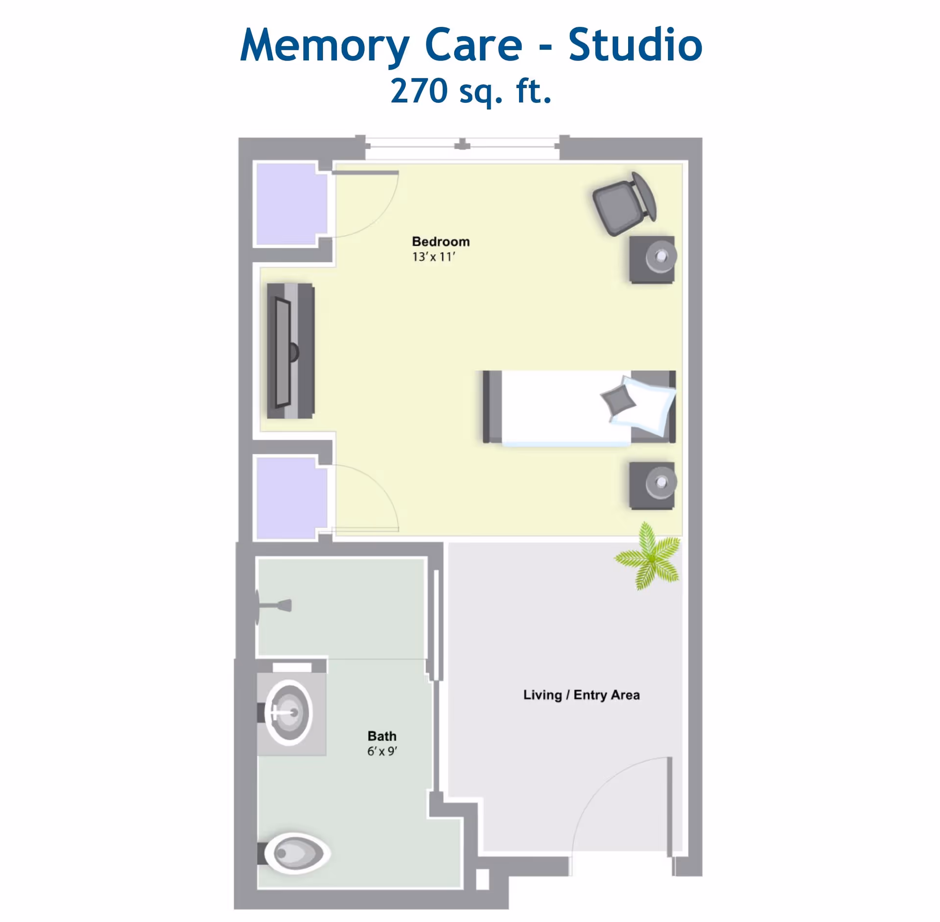 Floor plan of a Memory Care Studio apartment measuring 270 square feet, showing a bedroom area with a bed, chair, and TV, a living/entry area, and a bathroom with a sink, toilet, and shower.