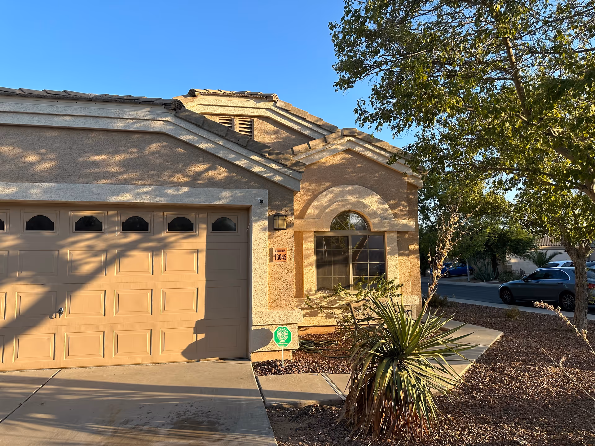 Exterior view of a single-story residential building with a beige garage door and a window with an arched top. There is a small landscaped area with a plant and a tree casting shadows on the building. A sidewalk and a street with parked cars are visible in the background under a clear blue sky.