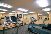Interior view of a fitness room with two treadmills and other exercise equipment. The room has beige walls, a carpeted floor, fluorescent ceiling lights, and a wall-mounted television.
