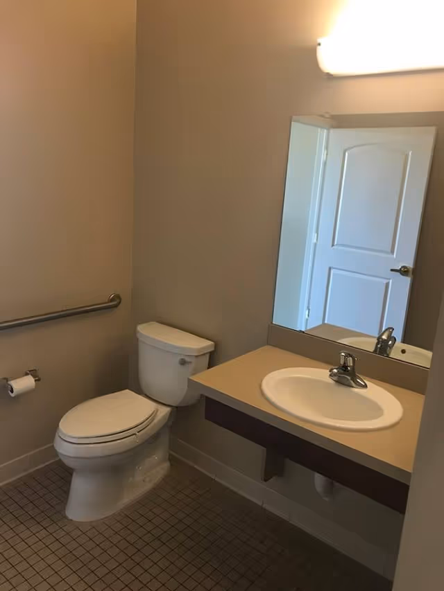 Small restroom with a toilet, wall-mounted grab bar, countertop sink, and a mirror reflecting an open door.