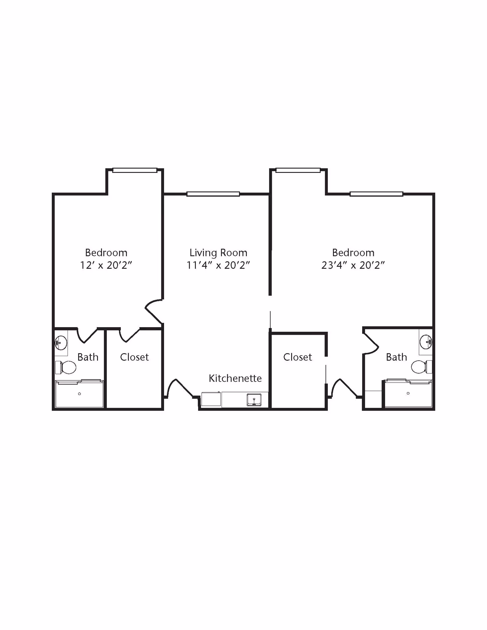 Architectural floor plan showing two bedrooms, two bathrooms, a living room, closets, and a kitchenette. The bedrooms measure 12' x 20'2" and 23'4" x 20'2" respectively. The living room measures 11'4" x 20'2".