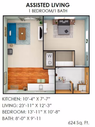 Floor plan of an assisted living 1 bedroom, 1 bath apartment showing a living room with sofa and TV, a bedroom with a bed and nightstands, a kitchen area, a bathroom with sink and toilet, and a washer/dryer closet. Dimensions for each room and total square footage of 624 sq. ft. are included.