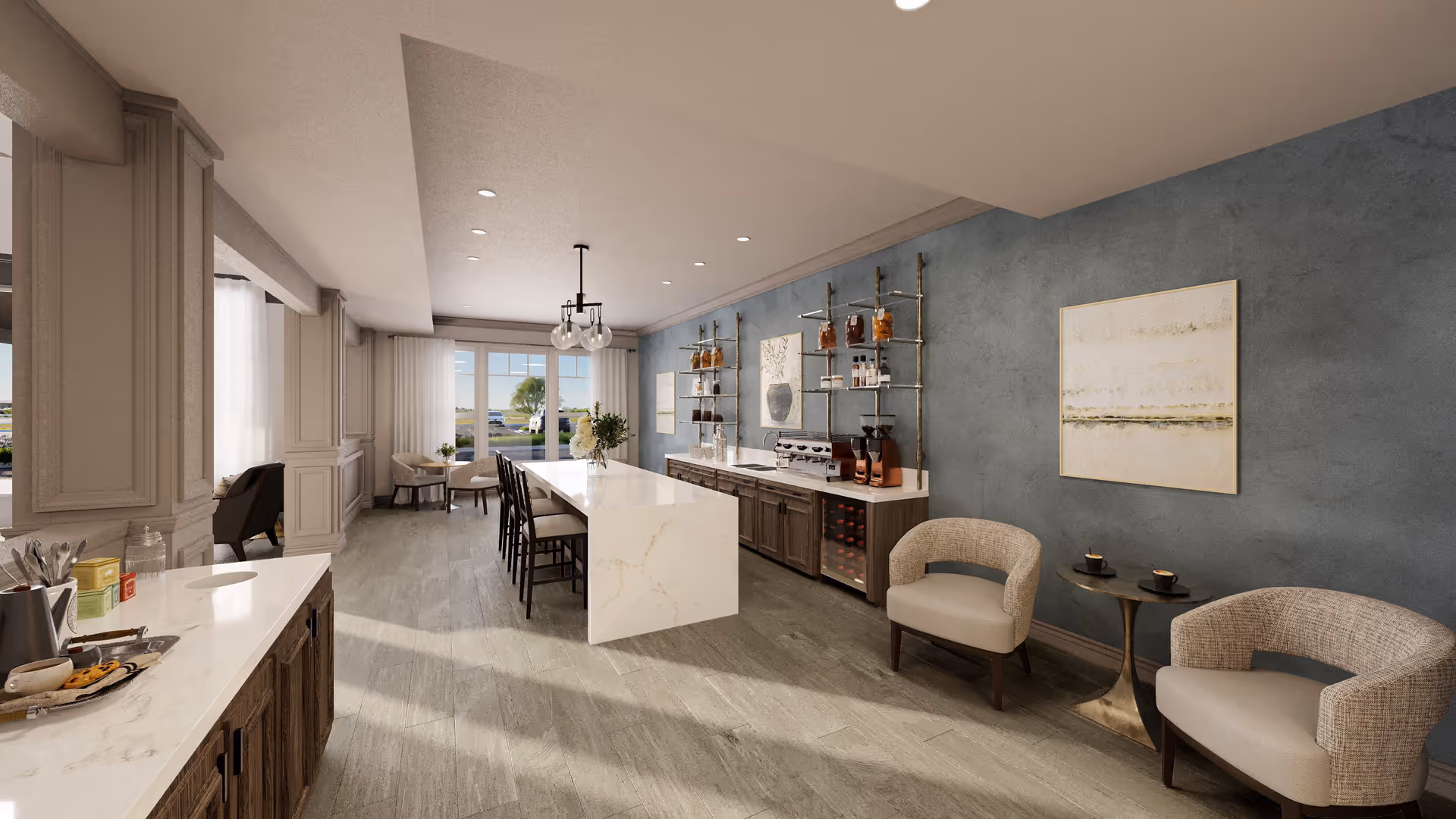 A modern and spacious interior room with a long white marble island countertop surrounded by chairs. The room features a blue accent wall with shelves holding jars and a coffee machine. There are two beige armchairs with a small round table holding two cups of coffee. Large windows at the far end let in natural light, and the floor is covered with light wood planks.