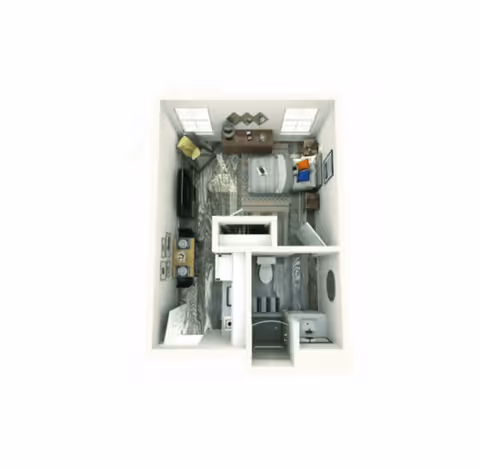 Top-down view of a small apartment layout showing a living area with a couch, TV, and coffee table, a bedroom area with a bed and dresser, a kitchen with appliances and a dining table, and a bathroom with a toilet and shower.