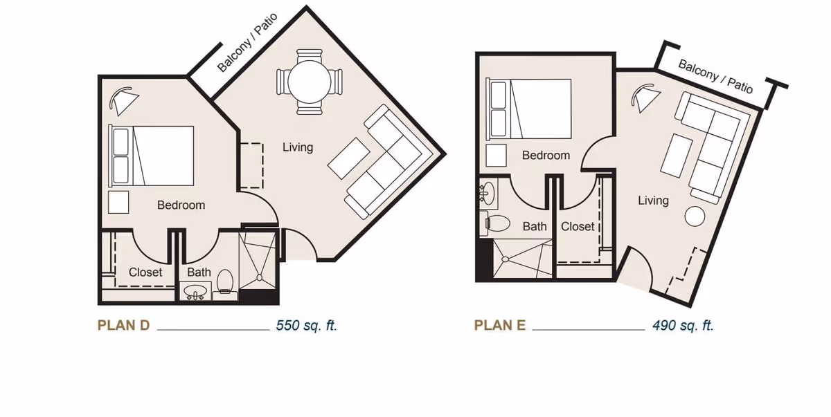 Floor plans for two apartment layouts labeled Plan D and Plan E at WellQuest of Menifee Lakes. Both plans include a bedroom, bathroom, closet, living area, and a balcony or patio. Plan D is 550 square feet and Plan E is 490 square feet.