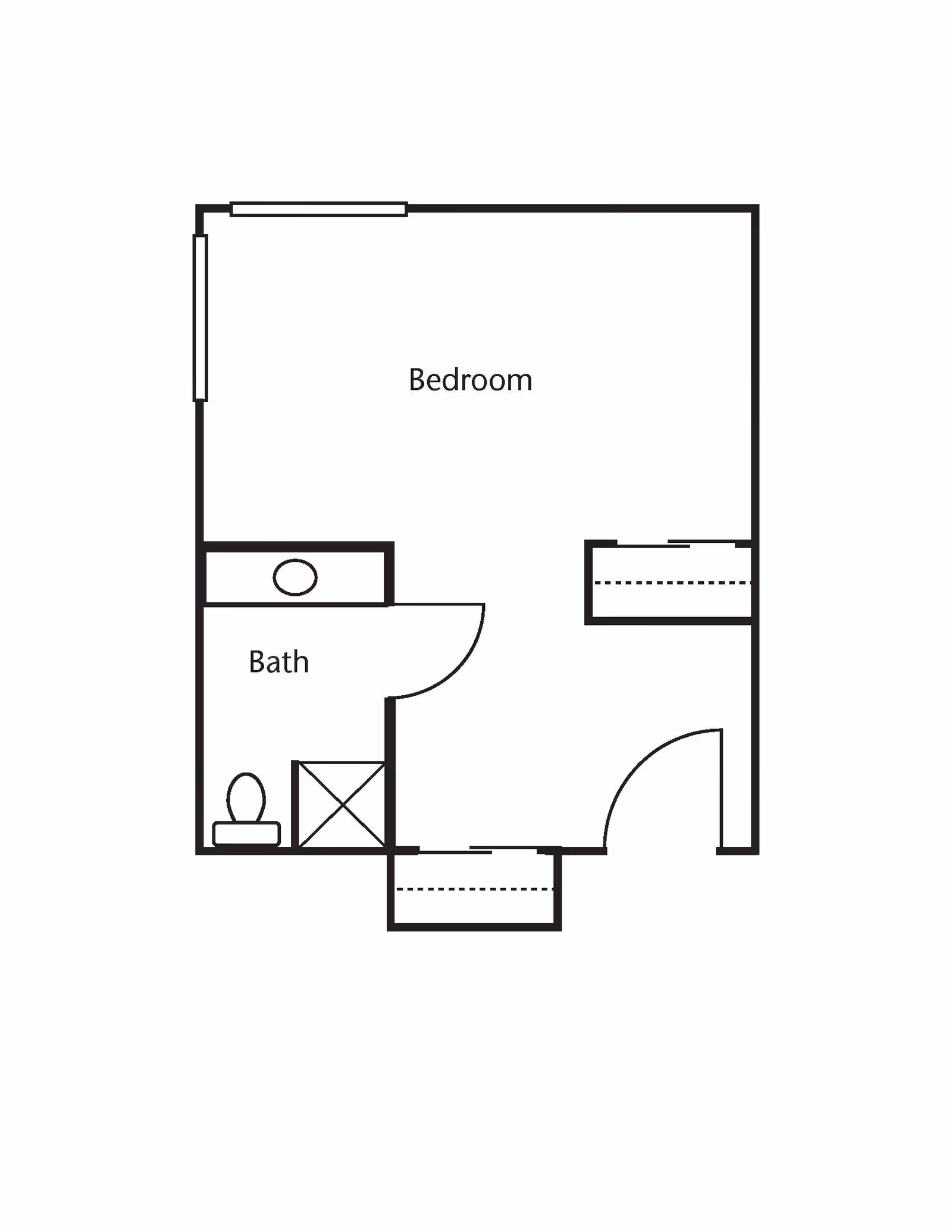 Floor plan layout showing a bedroom with an attached bathroom. The bathroom includes a toilet, sink, and shower. There are two closets in the bedroom area and an entry door leading into the room.