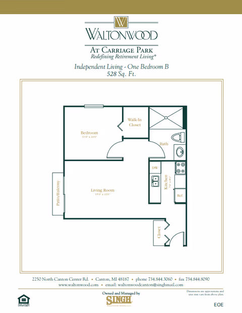 Floor plan of an independent living one-bedroom apartment at Waltonwood Carriage Park, showing a bedroom, walk-in closet, bathroom, kitchen with dishwasher and refrigerator, living room, patio/balcony, and closet. The total area is 528 square feet.