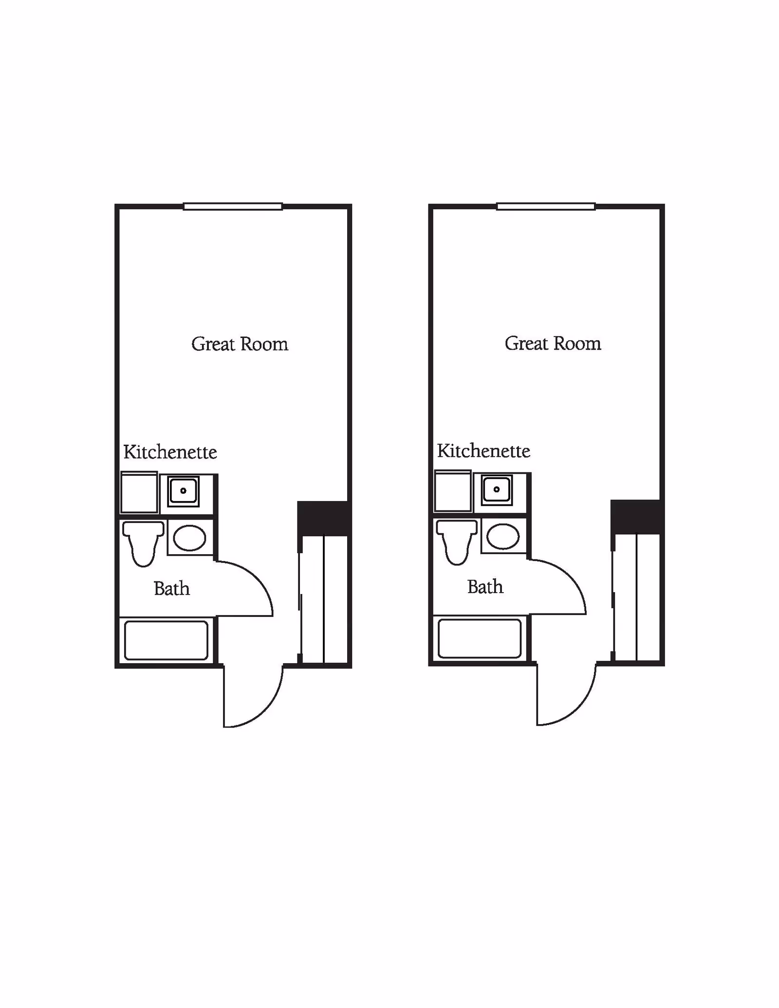 Architectural floor plan showing two identical studio apartment layouts, each with a great room, kitchenette, bathroom with toilet and bathtub, and an entry door.