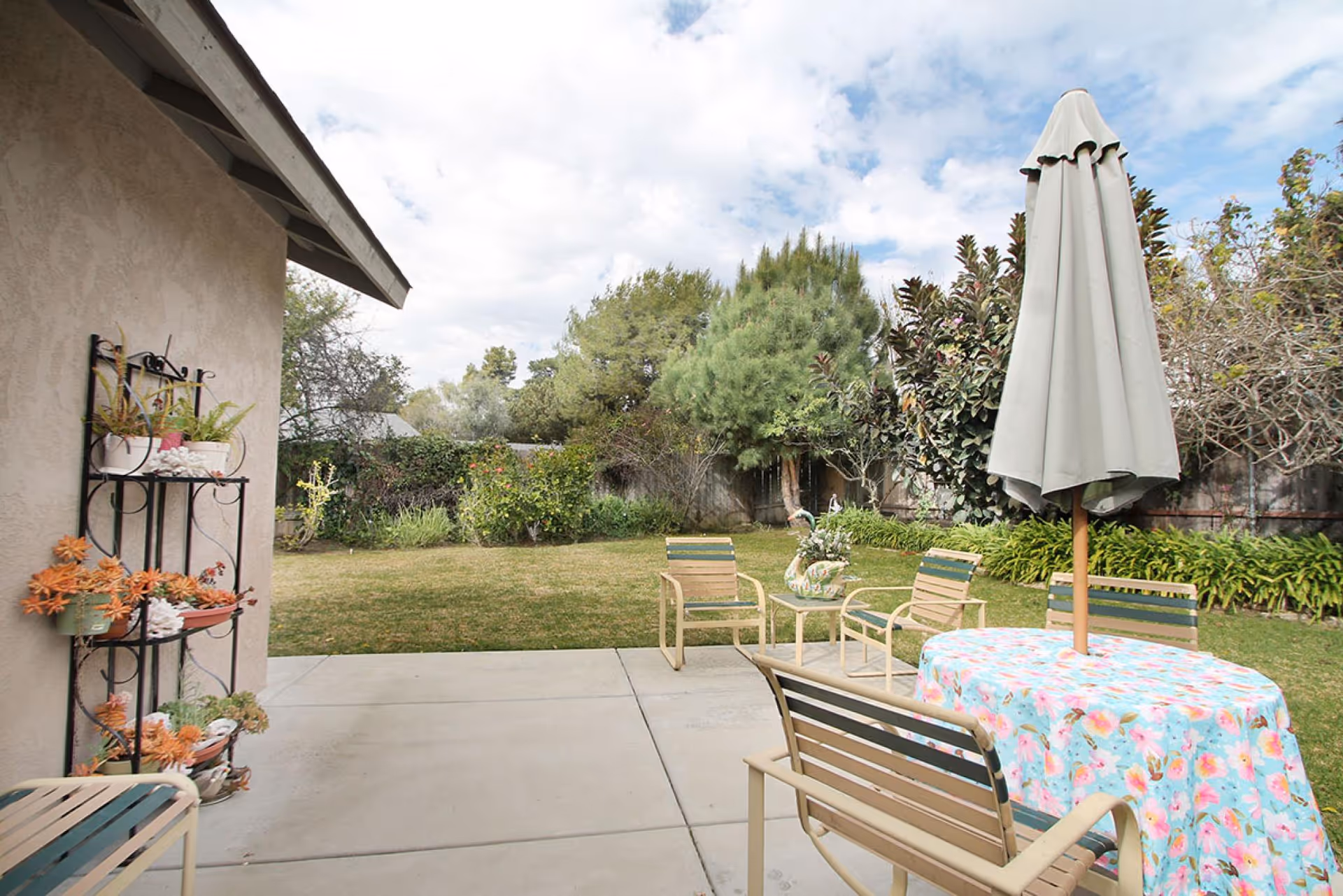 Outdoor patio area with a concrete floor, a table covered with a floral tablecloth and an umbrella, surrounded by several chairs. There is a small side table with a decorative swan planter, and a metal plant stand with various potted plants against the house wall. The background shows a grassy yard with trees and shrubs under a partly cloudy sky.