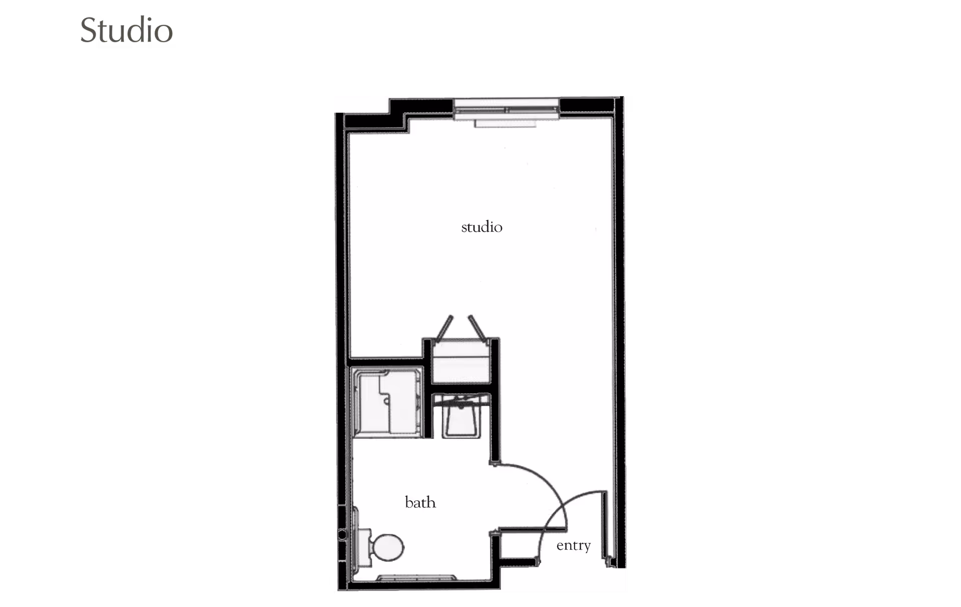 Floor plan of a studio apartment showing an entry area, a combined studio living space, and a bathroom with a toilet, sink, and shower.