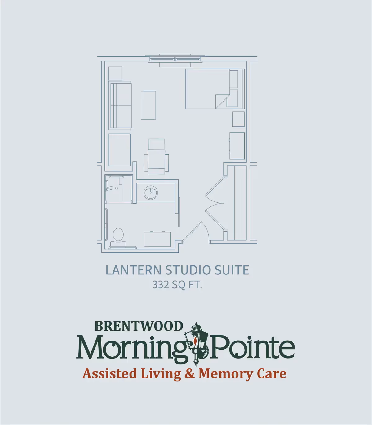 Architectural floor plan of the Lantern Studio Suite at Morning Pointe of Brentwood, showing a 332 square foot layout with a combined living and sleeping area, a bathroom, and entryway.