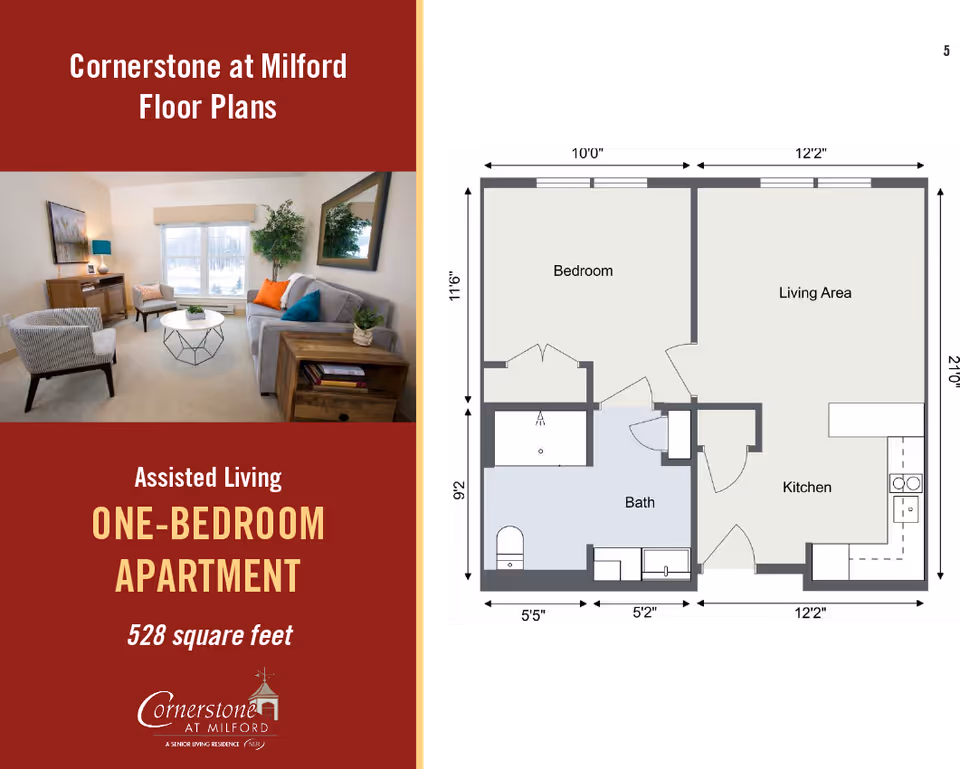 Brochure for Cornerstone at Milford showing a living room photo on the left and a labeled one-bedroom assisted living apartment floor plan on the right.
