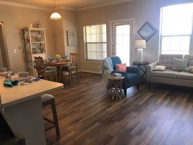 A bright and cozy living area featuring a gray sofa with pillows, a blue armchair with a pink cushion and a throw blanket, a round wooden side table, and a small black table with a decorative lamp. Adjacent to the living area is a dining space with a round wooden table set for four, wooden chairs, and a shelving unit with decorative items. The room has large windows and a glass door allowing natural light to fill the space, with wood-style flooring throughout.
