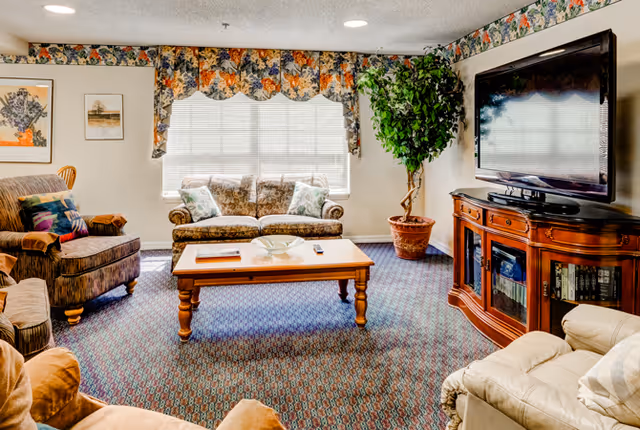 Cozy living room with patterned sofa and armchairs around a wooden coffee table, a large TV on a cabinet, and a potted plant by the window.