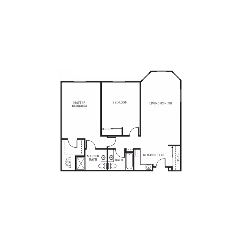 Architectural floor plan showing a layout with a master bedroom with walk-in closet and master bath, a second bedroom, a second bathroom, a kitchenette, a living/dining area, and a closet.