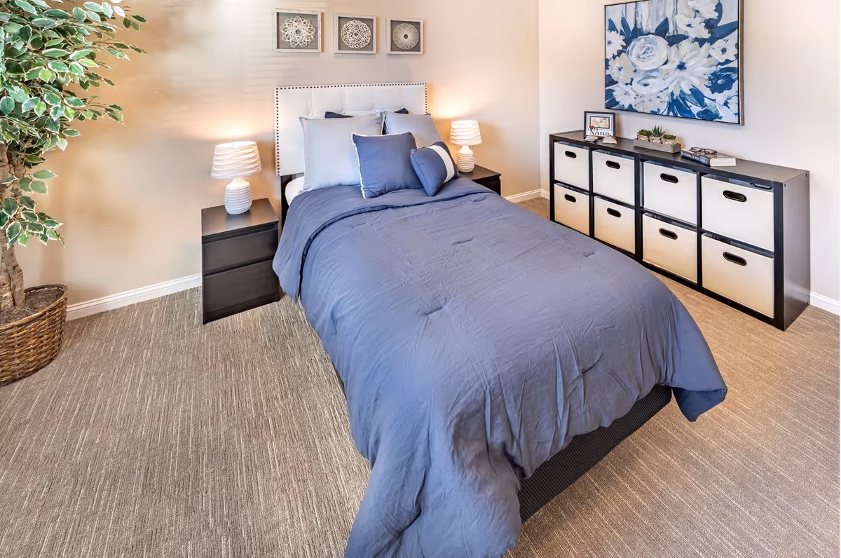 A neatly made bed with blue bedding and multiple pillows in a bedroom. On either side of the bed are black nightstands with white lamps. To the right is a black storage unit with white fabric bins and decorative items on top, including a framed photo and small plants. Above the storage unit is a large blue and white floral painting. A large potted plant is visible on the left side of the image. The room has beige walls and carpeted flooring.
