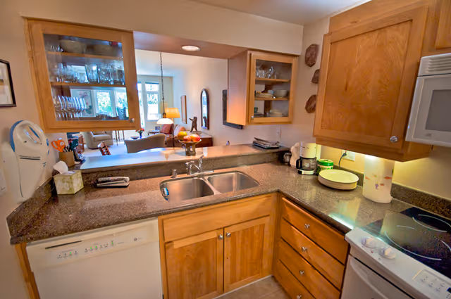 A kitchen area with wooden cabinets, a double sink, a dishwasher, a coffee maker, a microwave, and a stovetop. The countertop is granite and there is a pass-through window looking into a living room with a sofa, chairs, and a lamp.