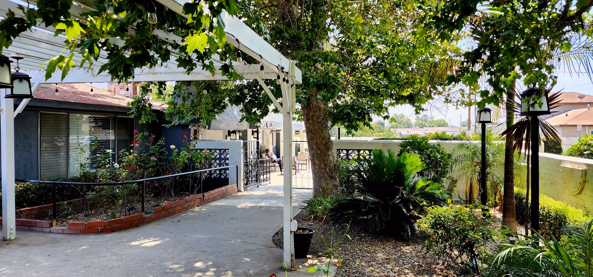 Shaded outdoor walkway and garden courtyard with a pergola, trees, potted plants, and a path leading toward a building entrance.