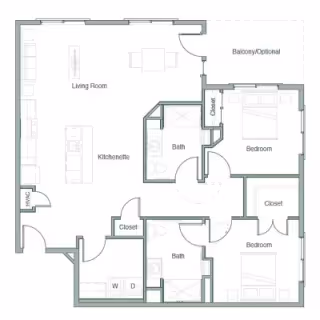 Architectural floor plan of a residential unit at Legacy Village of Salt River showing two bedrooms, two bathrooms, a living room, kitchenette, closets, and an optional balcony.