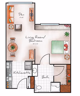 Colored hand-drawn floor plan showing a studio-style unit with a labeled living room/bedroom, kitchenette, bath, and a den.