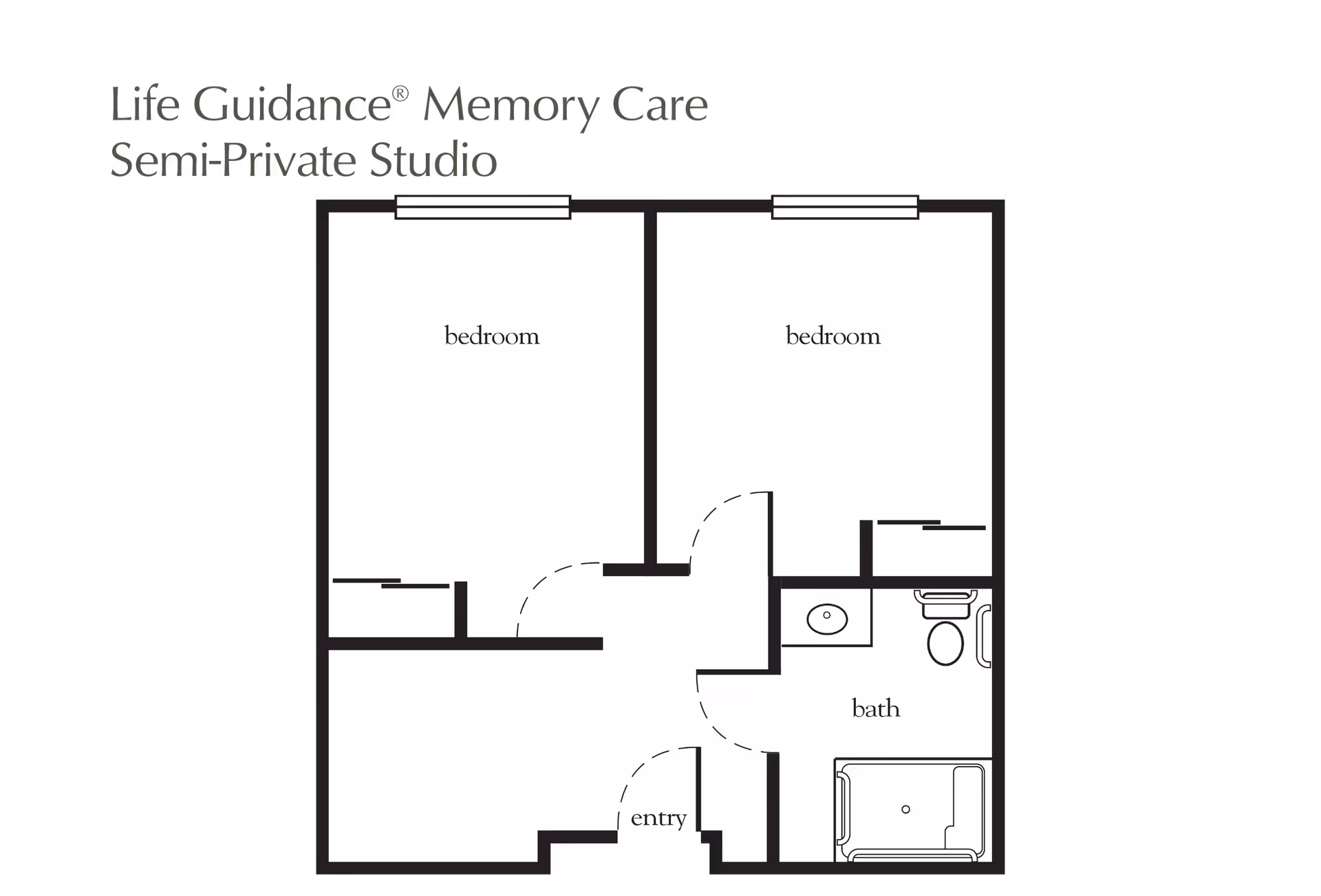 Black-and-white floor plan titled 'Life Guidance Memory Care Semi-Private Studio' showing two bedrooms, an entry and a shared bathroom.
