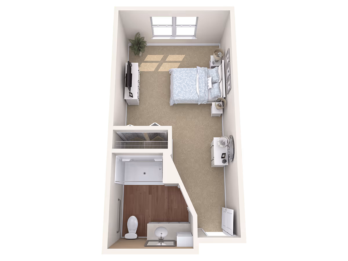 3D floor plan of a small apartment unit featuring a bedroom with a bed, two nightstands with lamps, a dresser with a mirror, a TV on a stand, and a plant near the window. The unit also includes a bathroom with a toilet, sink, and shower, and a closet space adjacent to the bathroom.