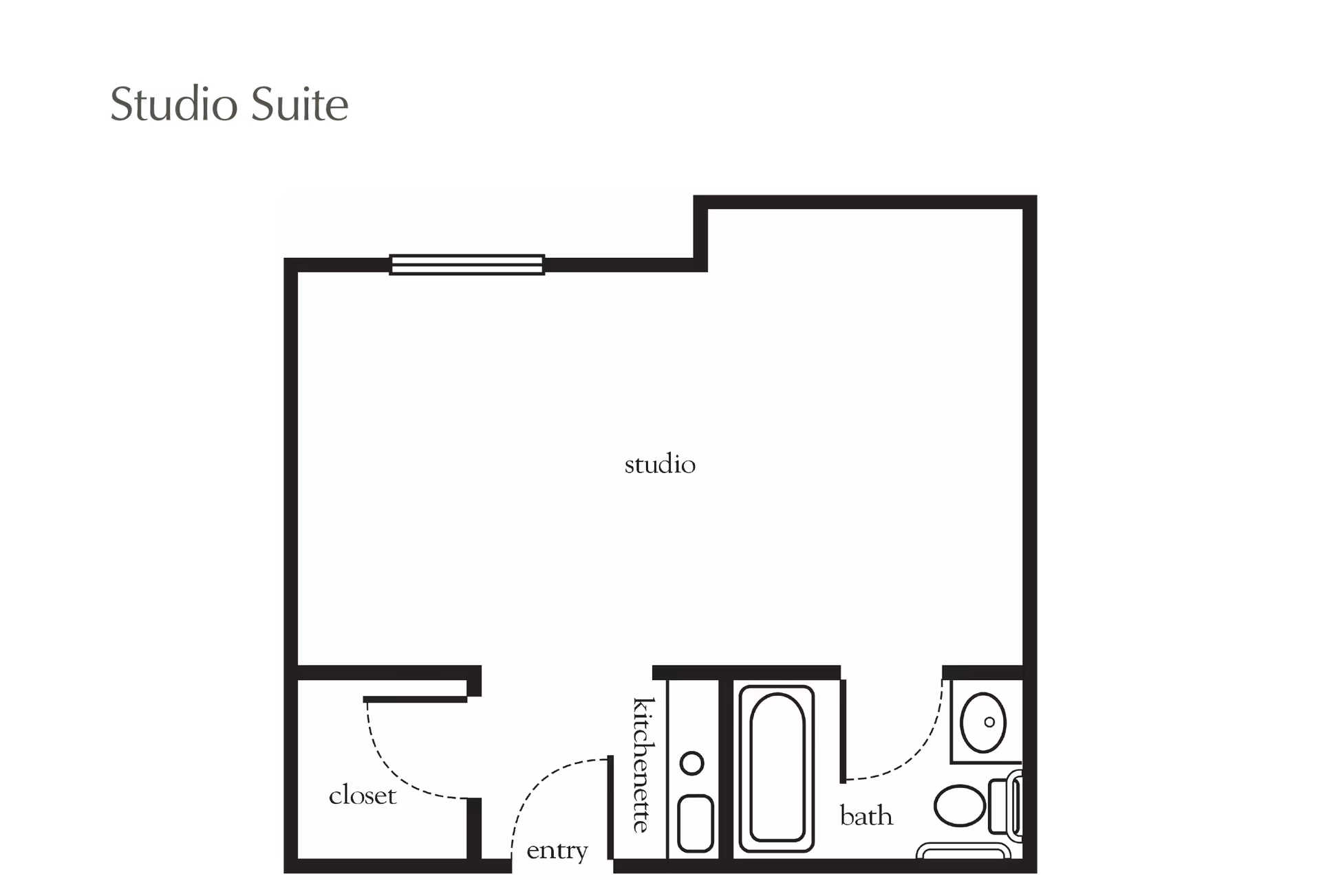 Floor plan of a studio suite at Atria Del Rey showing a studio area, kitchenette, bath with bathtub, toilet and sink, closet, and entry door.