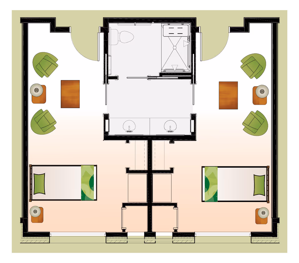 Floor plan of a shared living space with two separate bedrooms, each containing a bed, nightstand with lamp, two green chairs, and a small table. The bedrooms share a central bathroom with two sinks, a toilet, and a shower.