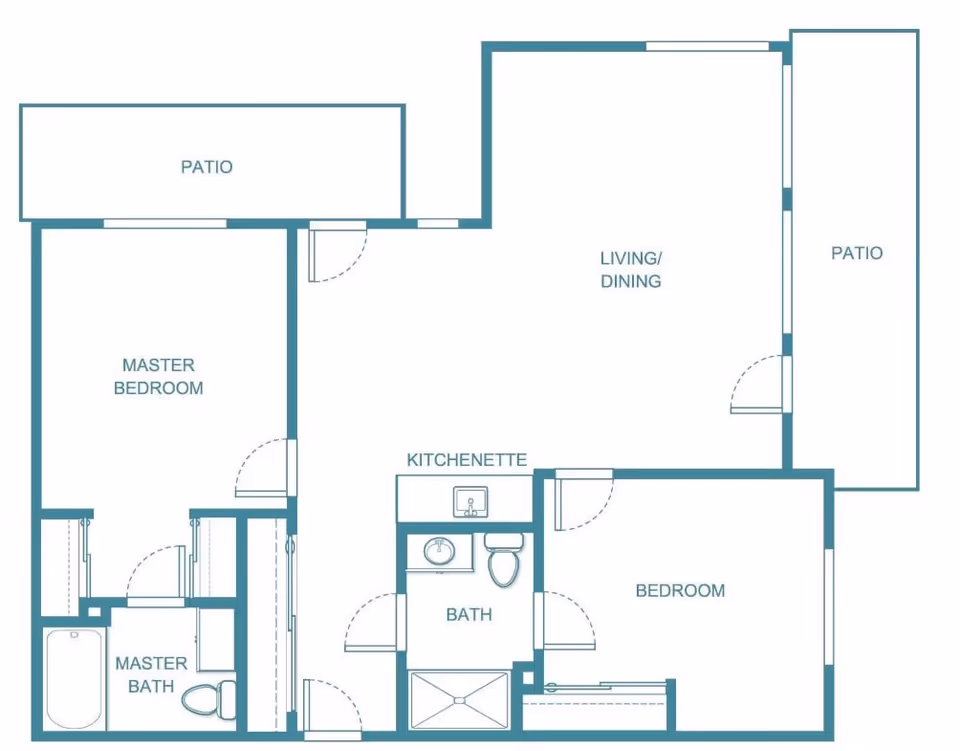 Floor plan of a living space at Holiday Copley Place showing a master bedroom with attached master bath, a second bedroom, a bath, a kitchenette, a combined living and dining area, and two patios.