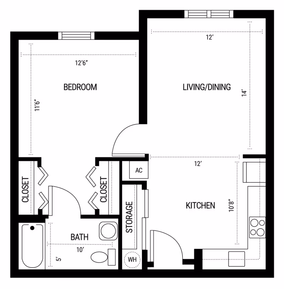 Floor plan of a senior living apartment at The Windsor Senior Living Community showing a bedroom with two closets, a bathroom with a bathtub, toilet, and sink, a storage area, and an open living/dining room connected to a kitchen with appliances.
