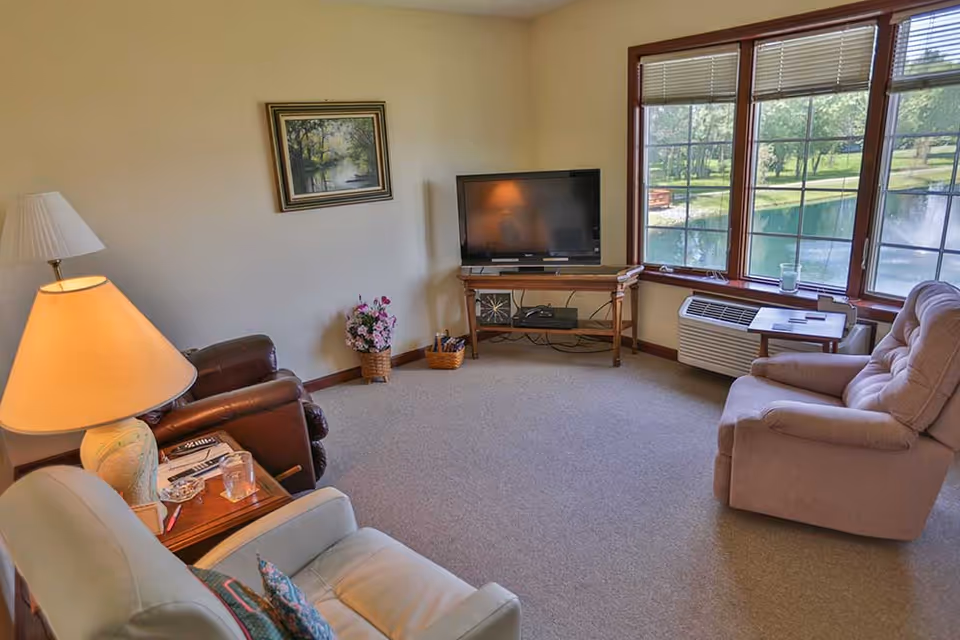 A cozy living room with three armchairs arranged around a TV on a wooden stand. There is a large window showing a view of a pond and greenery outside. A table lamp is on a side table next to one of the chairs, and a framed painting hangs on the wall.