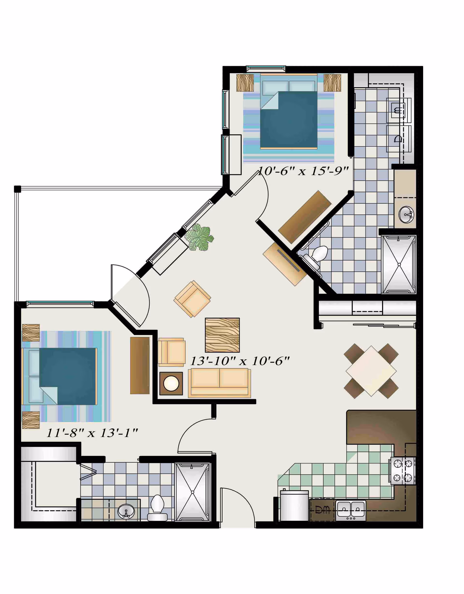 Top-down colored floor plan of an apartment showing two bedrooms, a living room, a kitchen/dining area, and two bathrooms with room dimensions.
