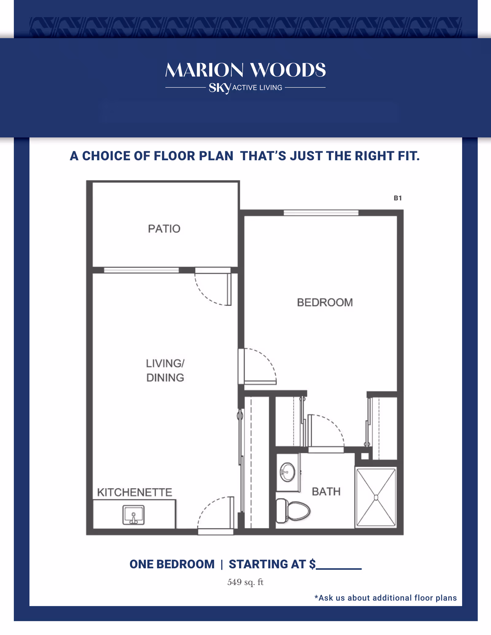 Floor plan layout of a one-bedroom apartment at Marion Woods by Sky Active Living, showing a patio, living/dining area, kitchenette, bedroom, and bathroom with a shower, toilet, and sink.
