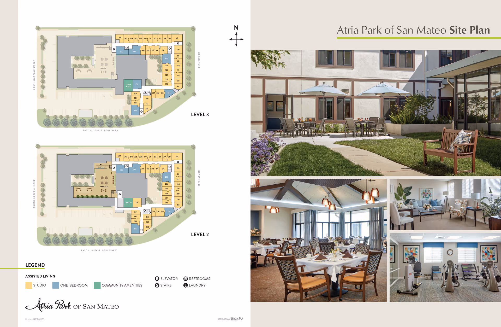 A collage image showing the site plan of Atria Park of San Mateo with floor layouts for Level 2 and Level 3 on the left side, and four photos on the right side depicting an outdoor courtyard with tables and umbrellas, a dining room with set tables and chairs, a living room area with sofas and chairs, and a fitness room with exercise equipment.