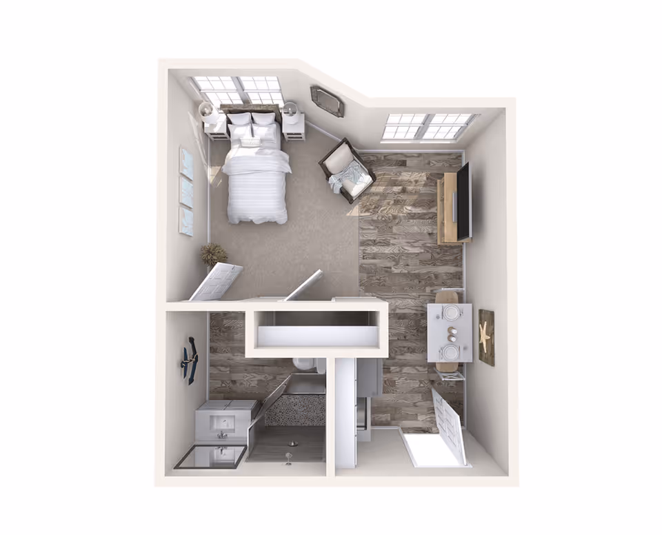 Top-down 3D floor plan rendering of a studio apartment showing a bed area, seating/TV area, kitchenette with dining table, and a bathroom.