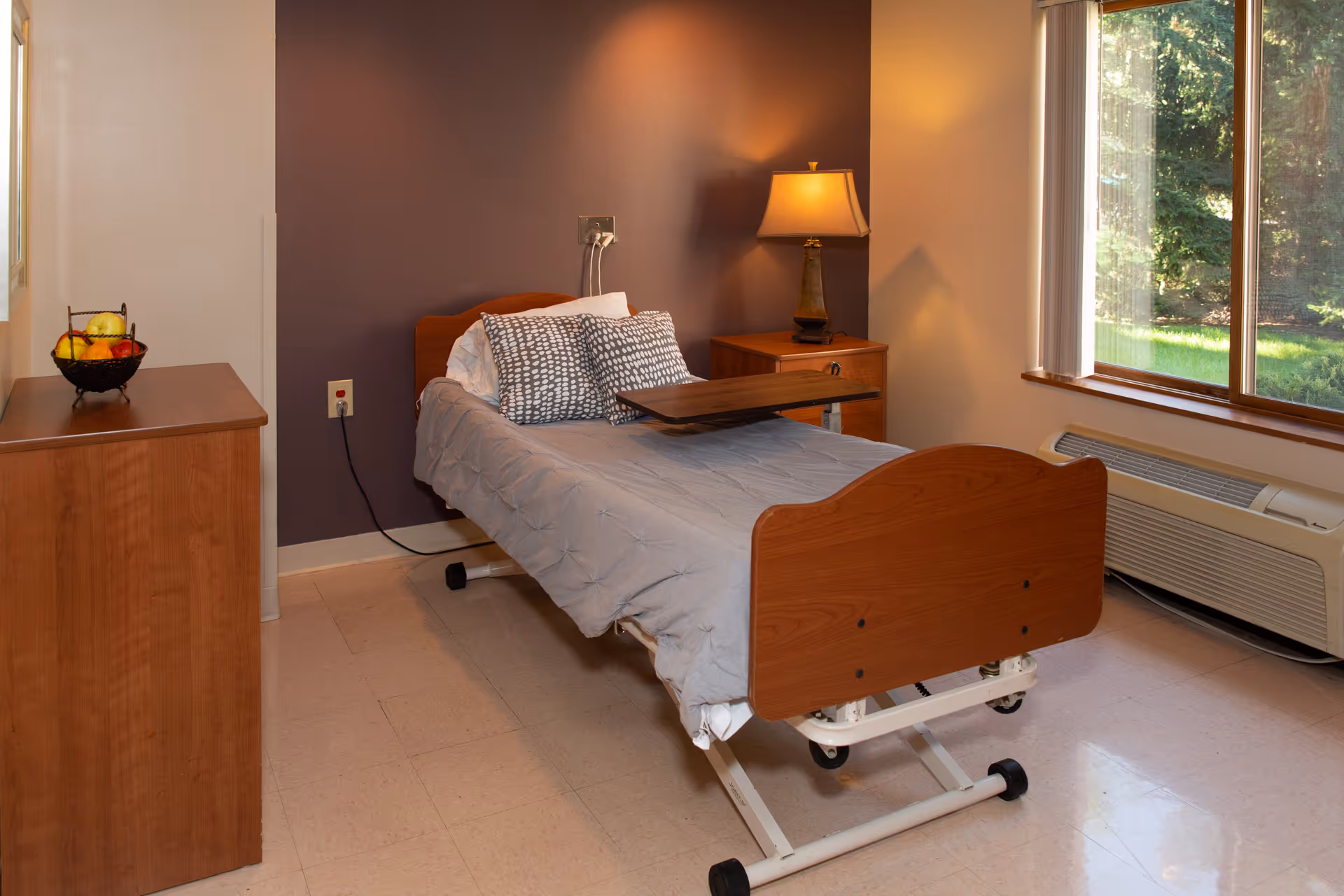A single hospital-style bed with a gray comforter and two patterned pillows in a room with a wooden nightstand holding a lamp, a wooden dresser with a fruit basket, and a large window showing greenery outside.