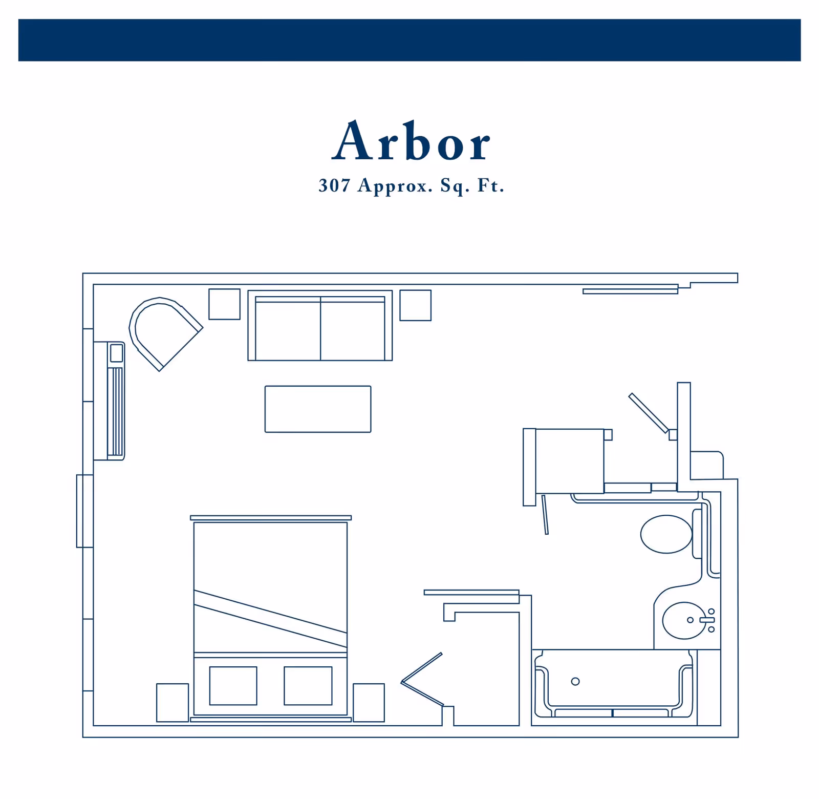 Architectural floor plan labeled Arbor showing a 307 square feet layout with a bedroom area, living space with sofa and chair, and a bathroom with bathtub, toilet, and sink.