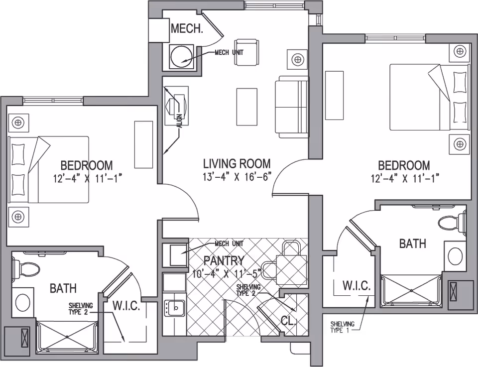Architectural floor plan of a two-bedroom apartment featuring two bedrooms each measuring 12 feet 4 inches by 11 feet 1 inch, two bathrooms, a living room measuring 13 feet 4 inches by 16 feet 6 inches, a pantry with shelving, walk-in closets (W.I.C.) adjacent to each bedroom, and mechanical units.
