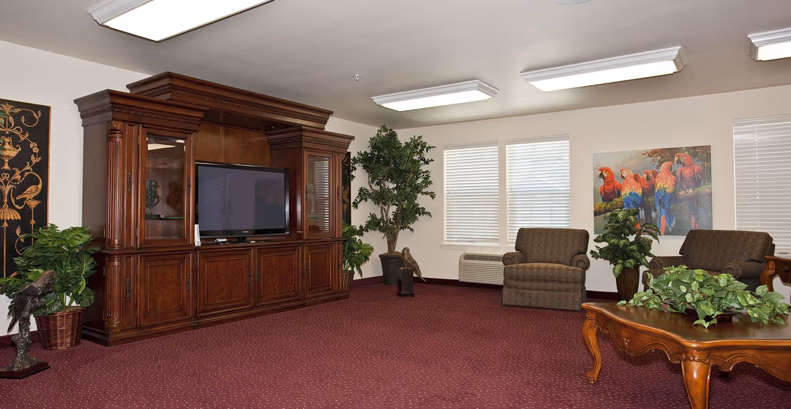 A living room with a large wooden entertainment center holding a flat-screen TV, two upholstered armchairs, several potted plants, a wooden coffee table with greenery, and a colorful painting of parrots on the wall. The room has maroon carpet and white walls with windows covered by blinds.