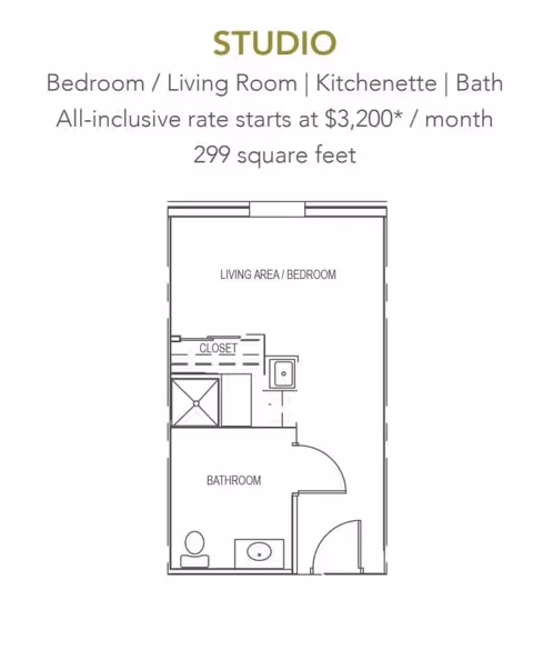 Floor plan of a studio apartment at Sodalis Austin showing a combined living area and bedroom, a kitchenette with a sink, a closet, and a bathroom with a toilet and sink. The total area is 299 square feet with an all-inclusive rate starting at $3,200 per month.
